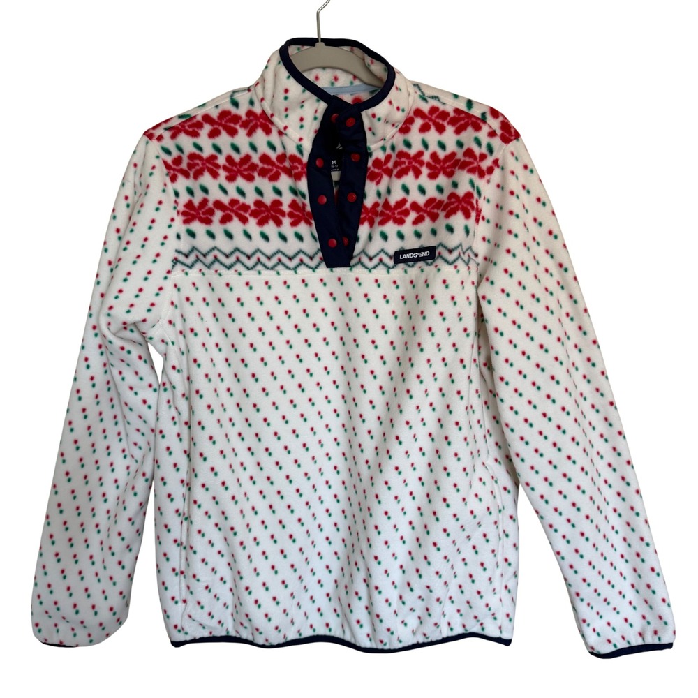 Land's End Women's Snap Mock Neck Printed Fleece Pullover Top M (10-12) NEW